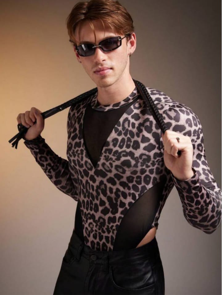 Men's Tight-Fitted Mesh Leopard Print Long Sleeve Bodysuit